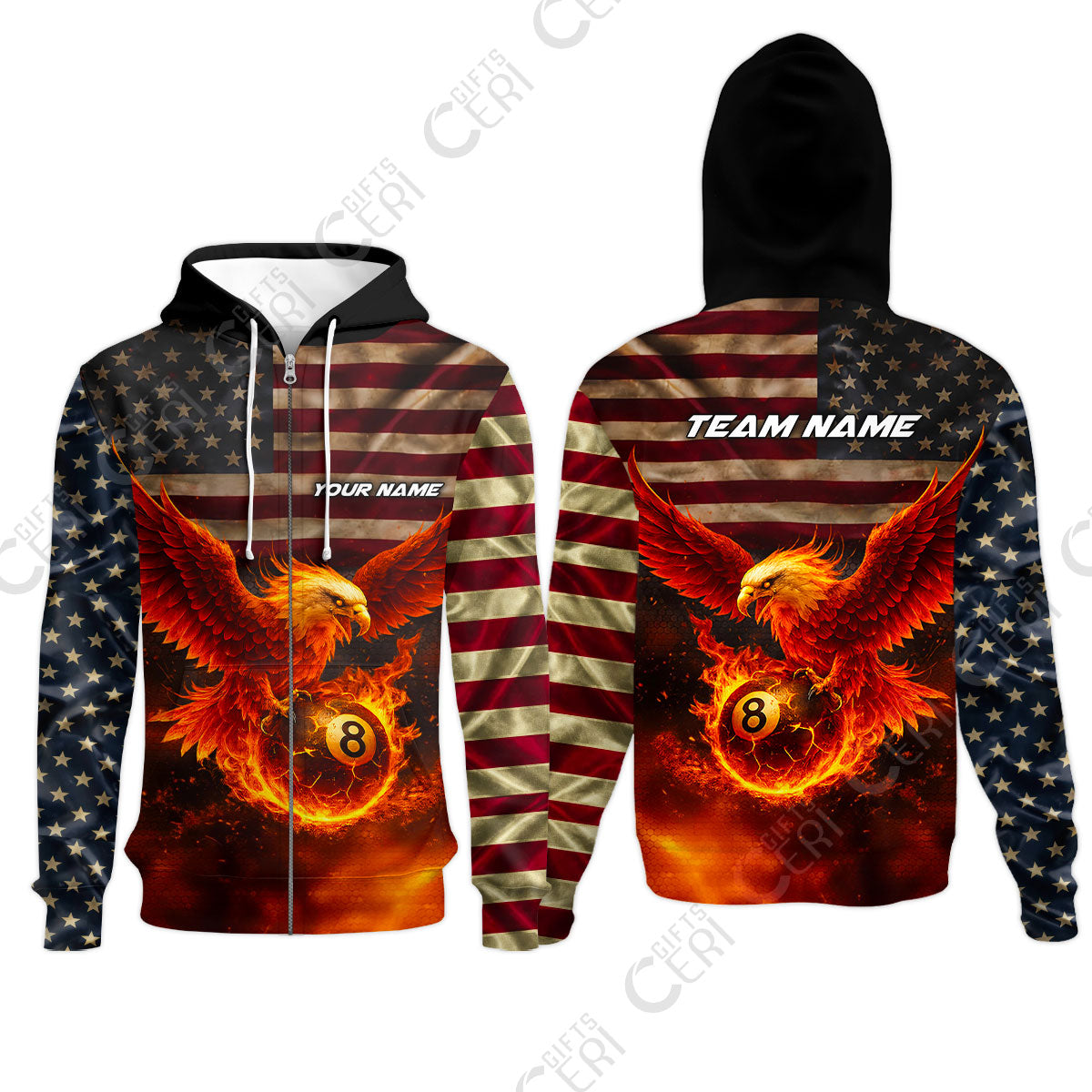 Customized 8 Ball Pool Zip Hoodies, Billiards 8-Ball American Flag Fire Eagle, Billiards Jerseys