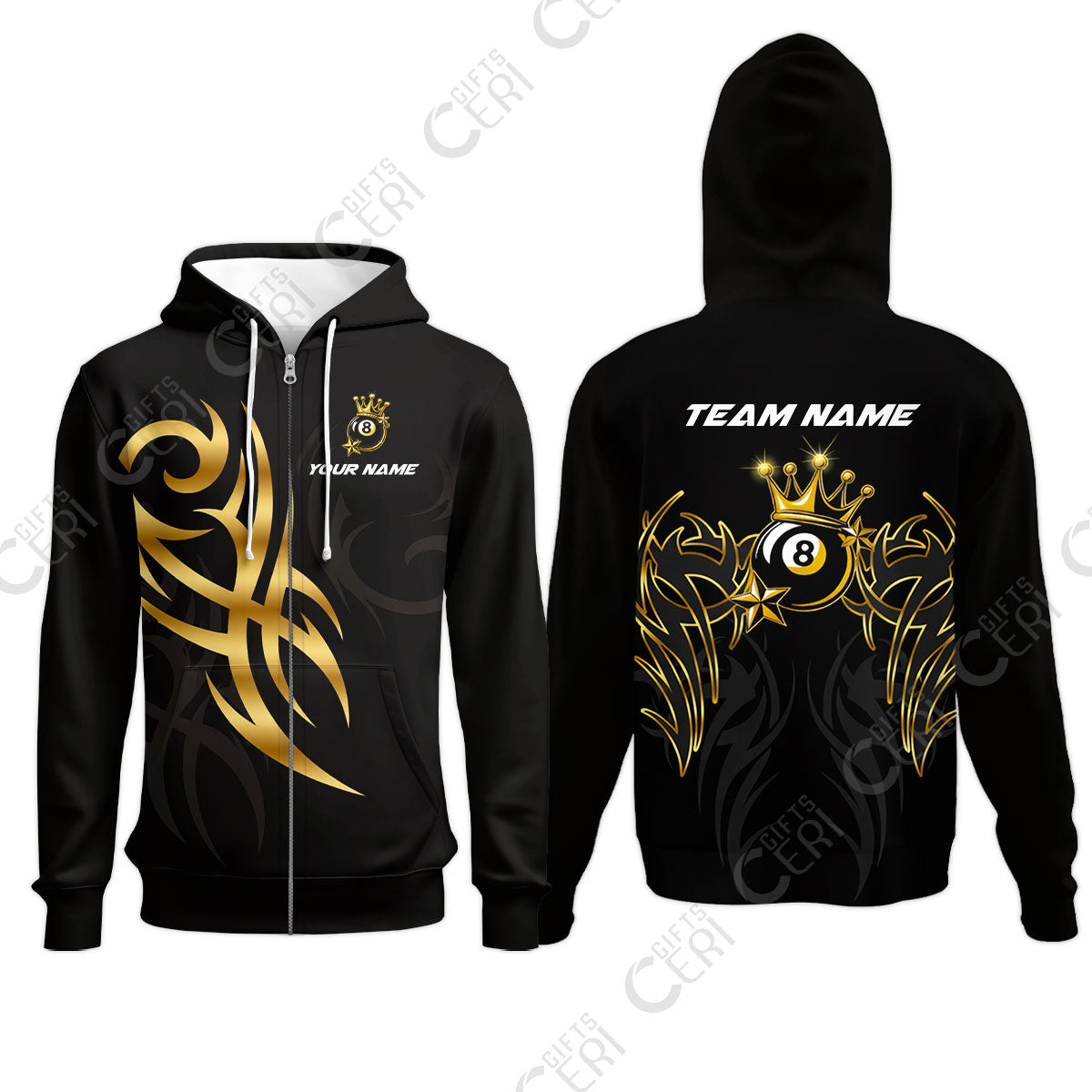 Customized 8 Ball Pool Zip Hoodies, Billiard 8-Ball Crown And Stars, Billiards Jerseys