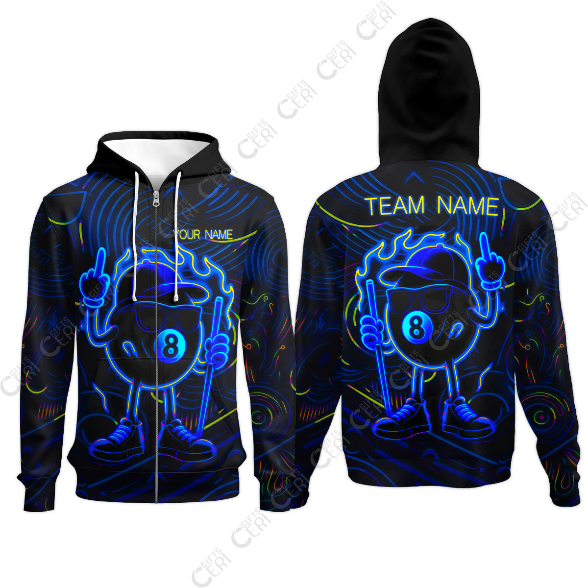 Customized 8 Ball Pool Zip Hoodies, 8-Ball Billiard Neon Cartoon Flaming, Billiard Jerseys