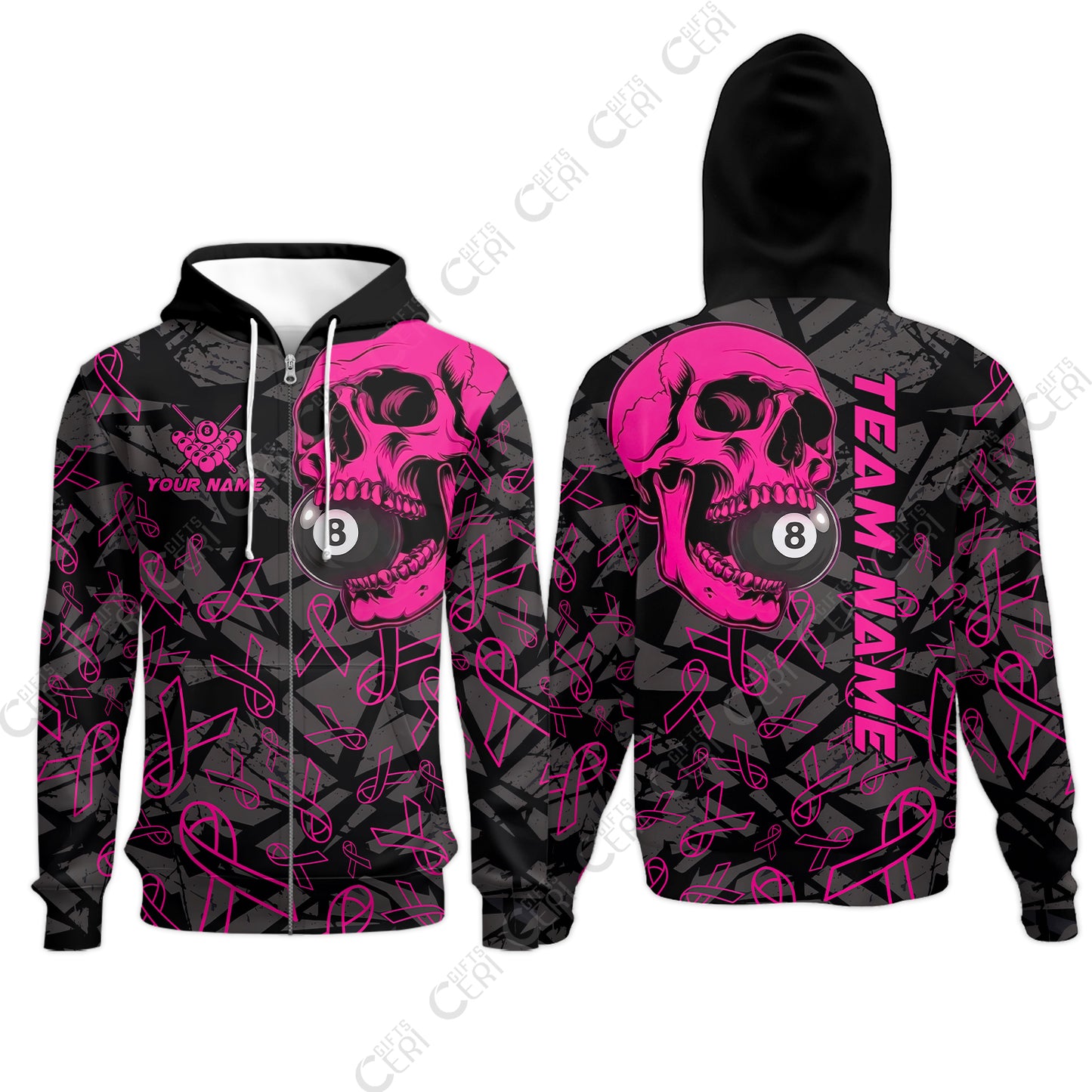Customized 8 Ball Pool Zip Hoodies, Billiard Pink Skull, Personalized Billiards Jersey