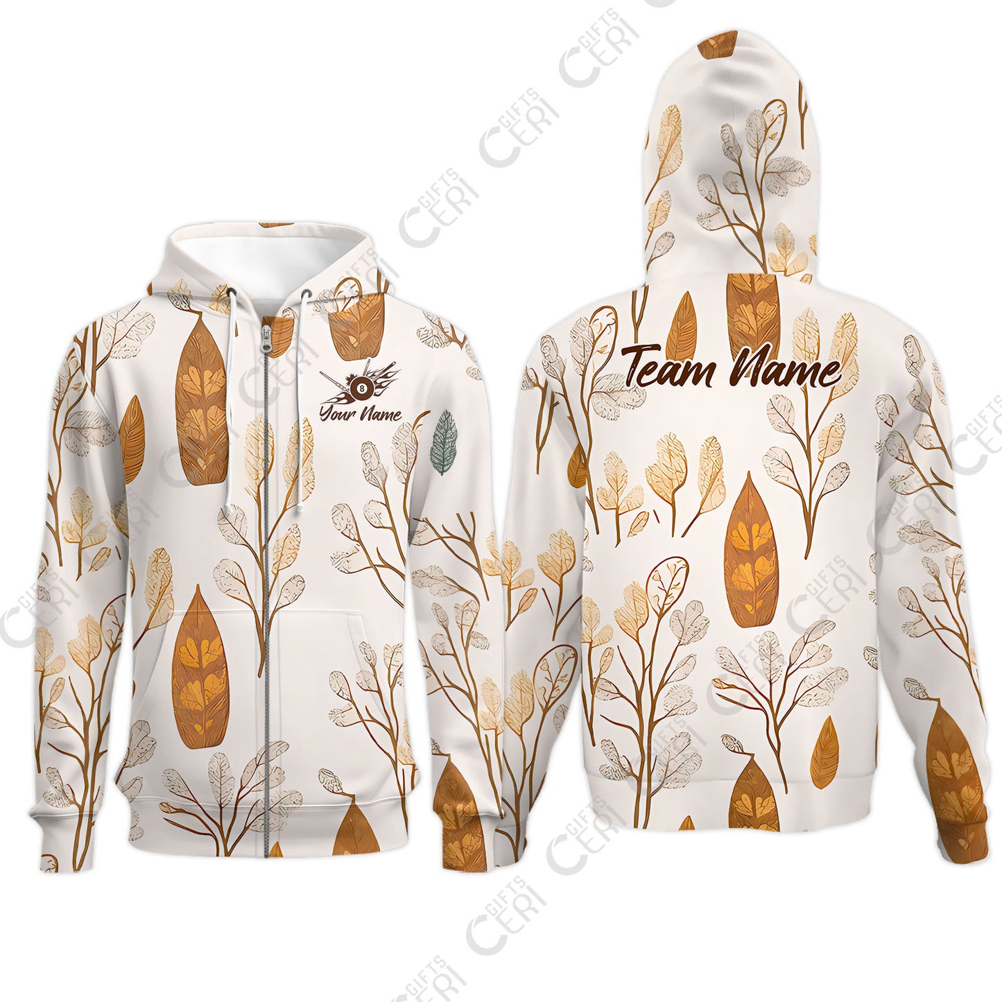 Customized 8 Ball Pool Zip Hoodies, Leaves Pattern Billiard 8-Ball, Personalized Billiards Jersey