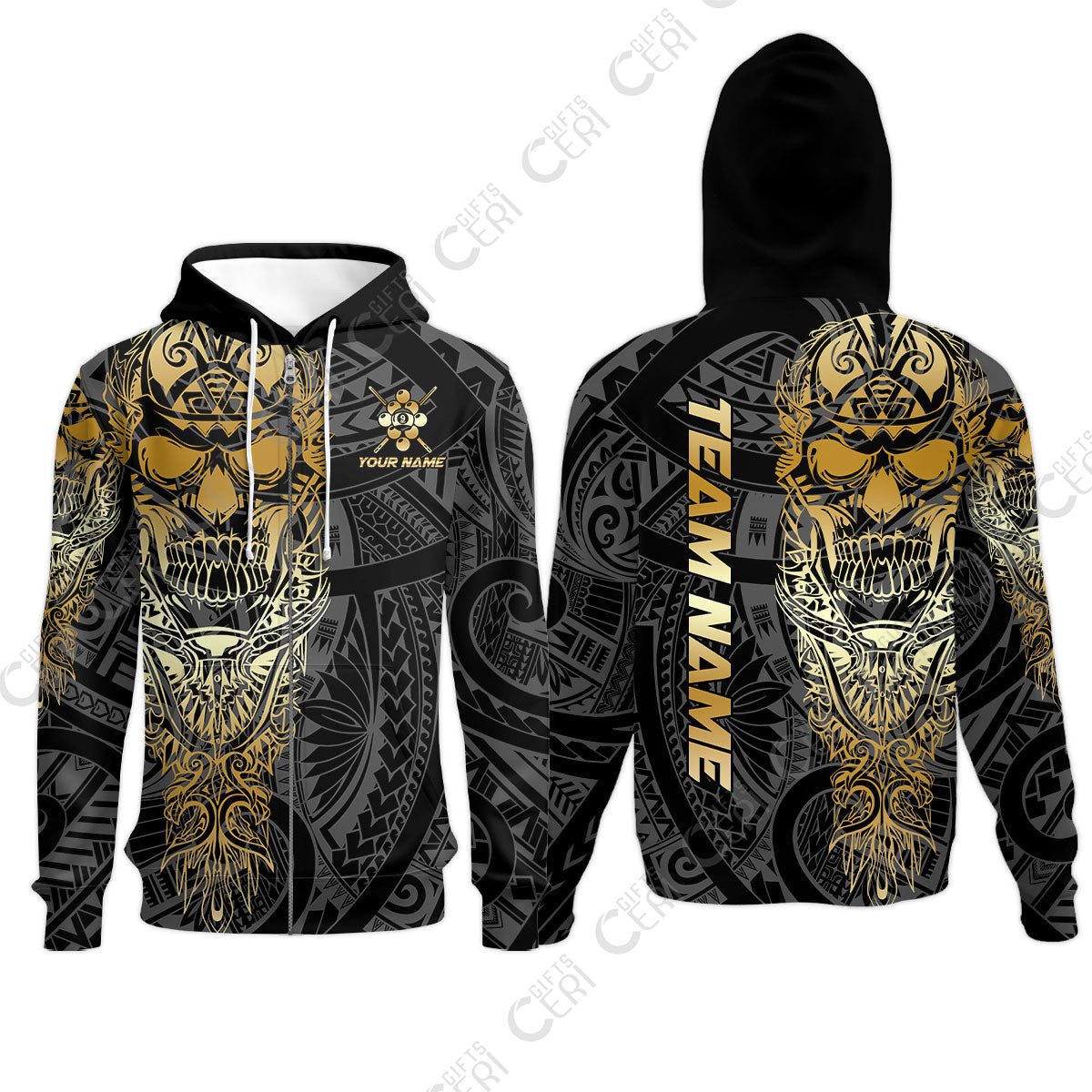 Customized 9 Ball Pool Zip Hoodies, 9-Ball Billiard Ethnic Tribal Style Pattern, Billiards Jerseys
