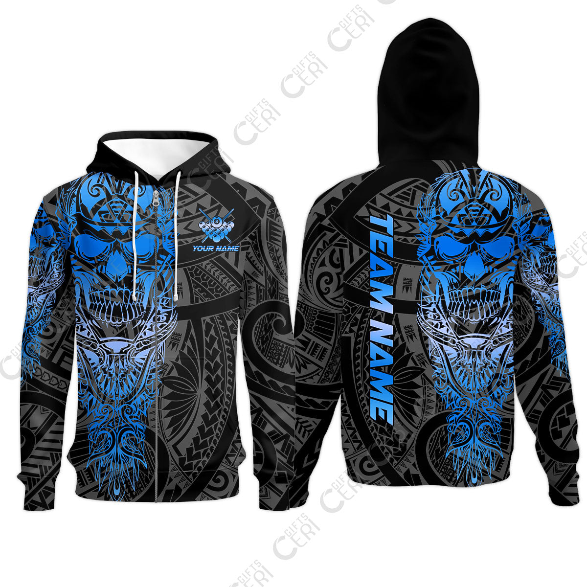 Customized 8 Ball Pool Zip Hoodies, 8-Ball Billiard Ethnic Tribal Style Pattern, Billiards Jerseys