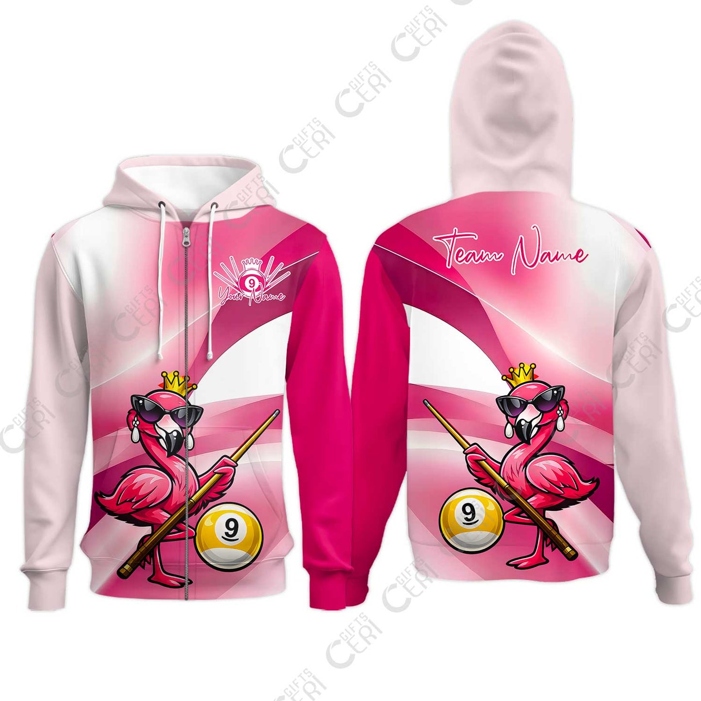Customized 9 Ball Pool Zip Hoodies, Pink Flamingo Billiards 9-Ball, Personalized Billiards Jersey