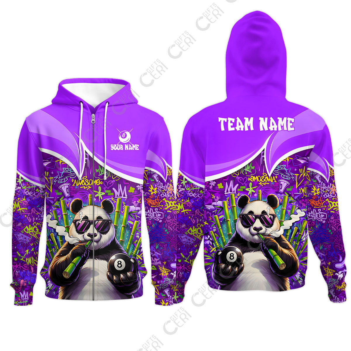 Customized 8 Ball Pool Zip Hoodies, 8-Ball Panda Bamboo Billiards, Billiards Jerseys