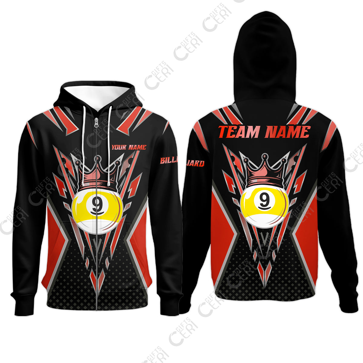 Customized 9 Ball Pool Zip Hoodies, Billiard 9-Ball Crown, Billiard Jerseys
