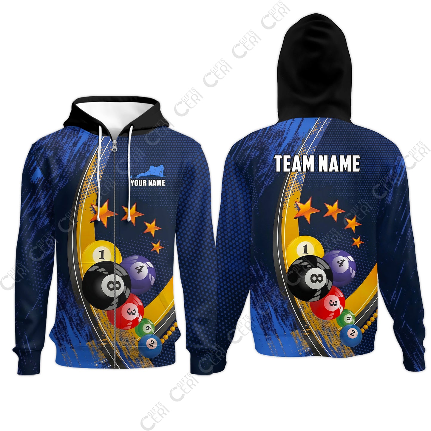 Customized 8 Ball Pool Zip Hoodies, Brush Paint Billiards 8-Ball, Personalized Billiards Jersey