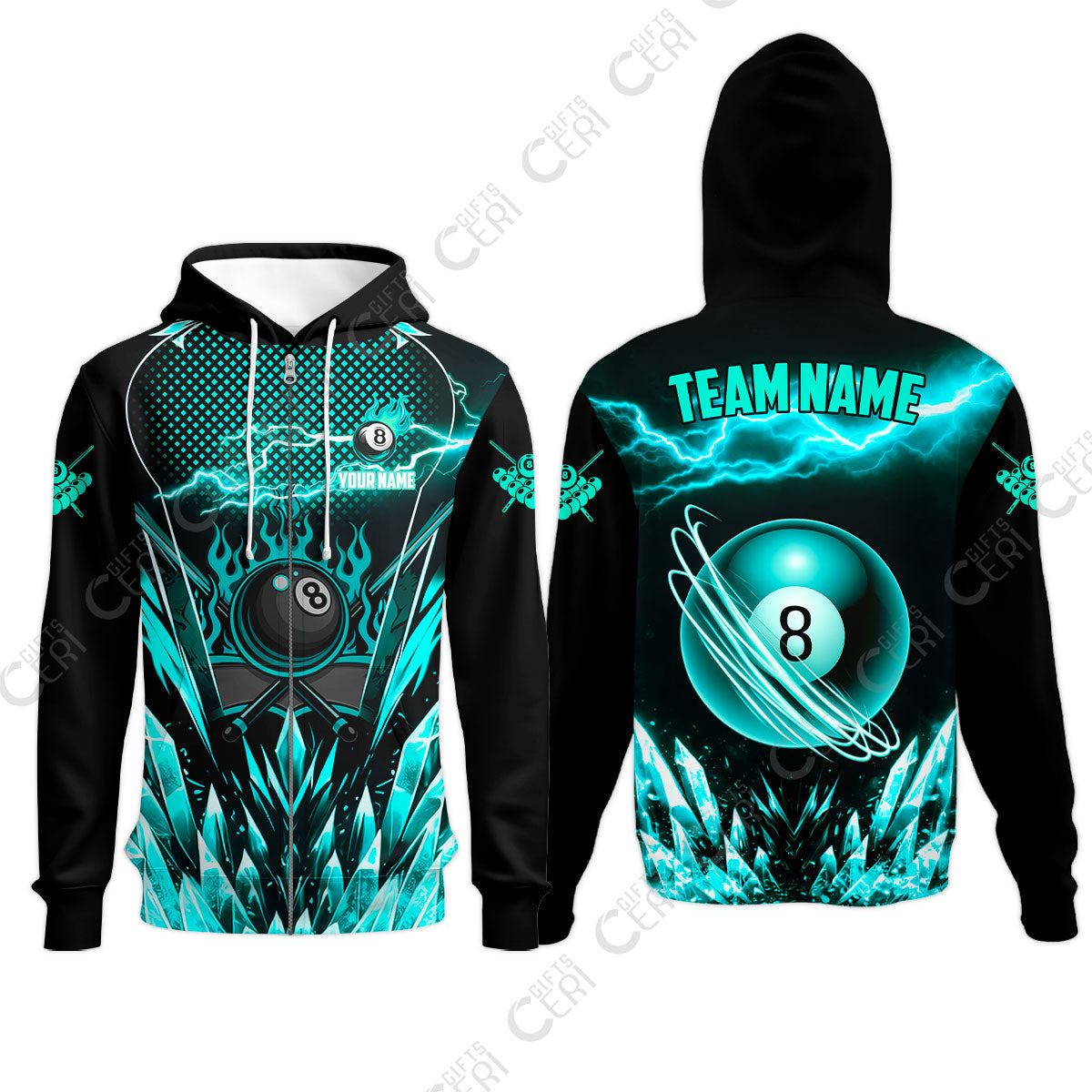 Customized 8 Ball Pool Zip Hoodies, Electric Lightning Crystal, Billiards Jerseys