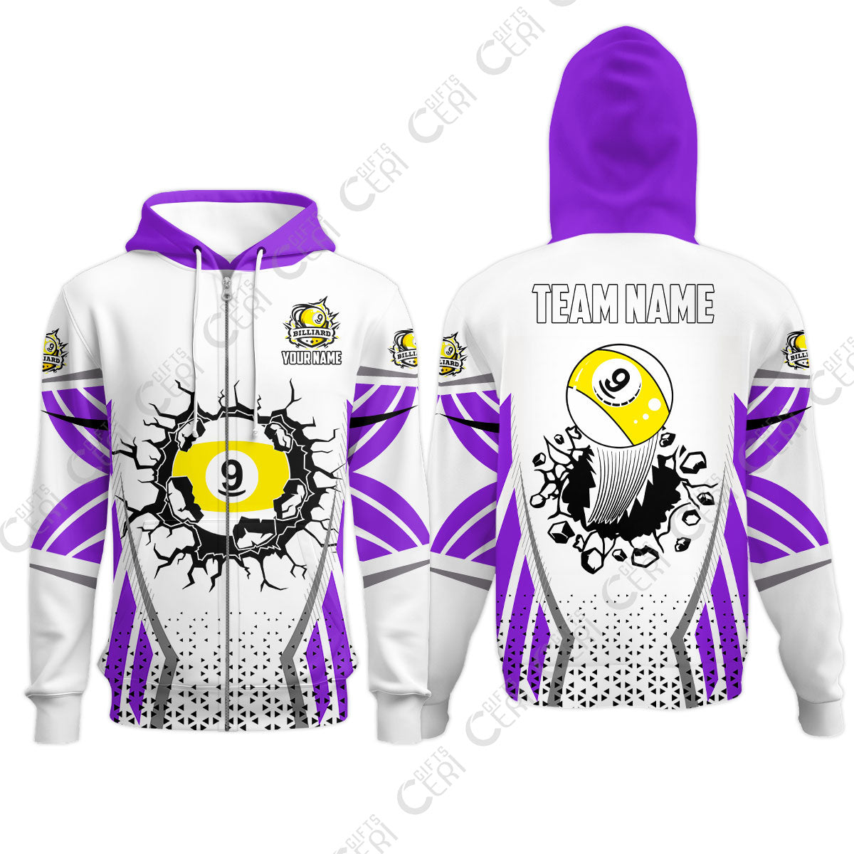 Customized 9 Ball Pool Zip Hoodies, Billiard Triangle Pattern, 9-Ball Breaks The Wall, Billiard Jerseys