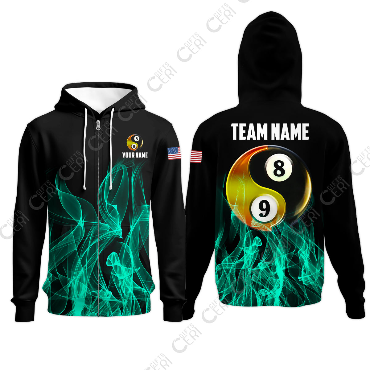Customized Billiard Zip Hoodies, Billiard 8-Ball And 9-Ball Yin-Yang Flame, Billiard Jerseys
