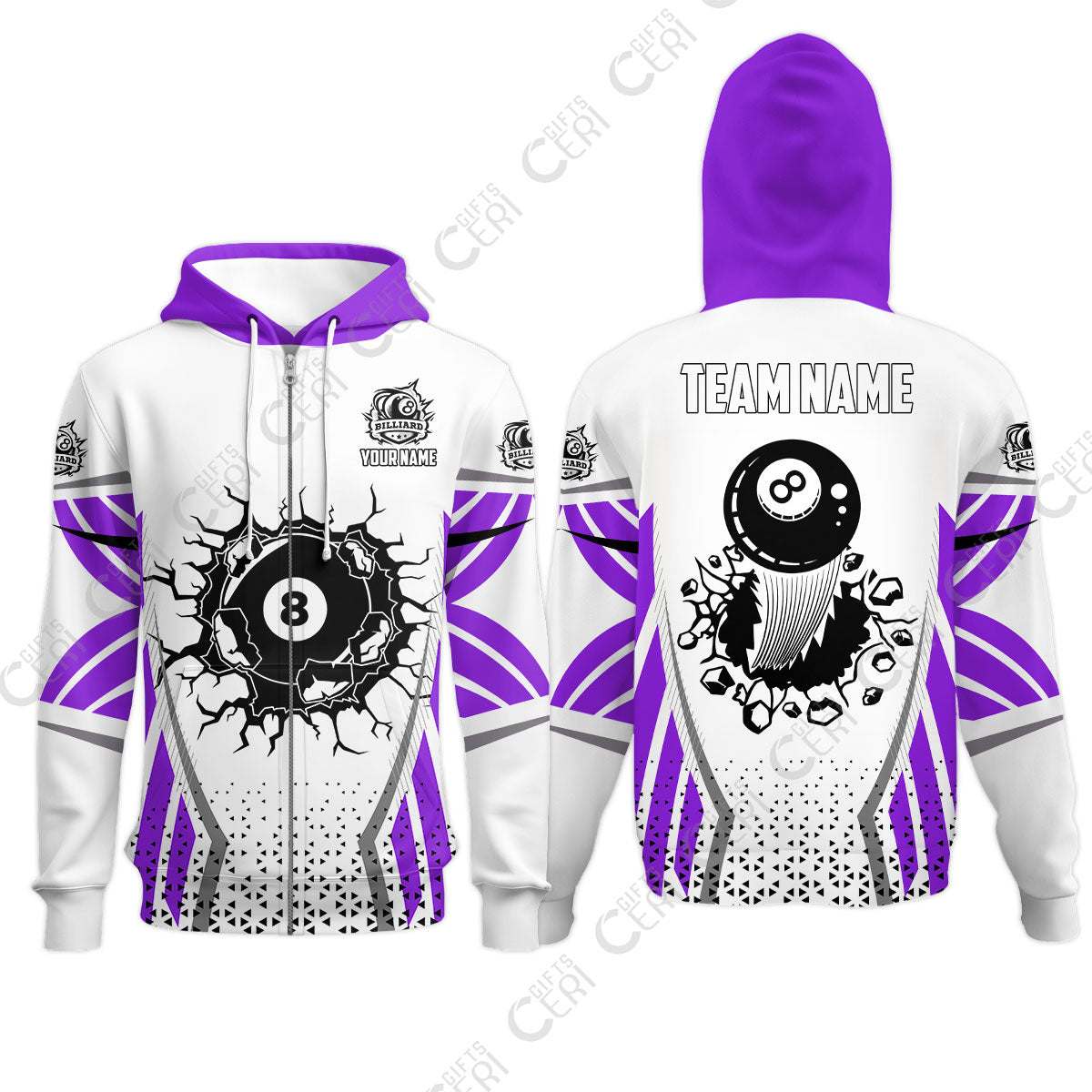 Customized 8 Ball Pool Zip Hoodies, Billiard Triangle Pattern, 8-Ball Breaks The Wall, Billiard Jerseys