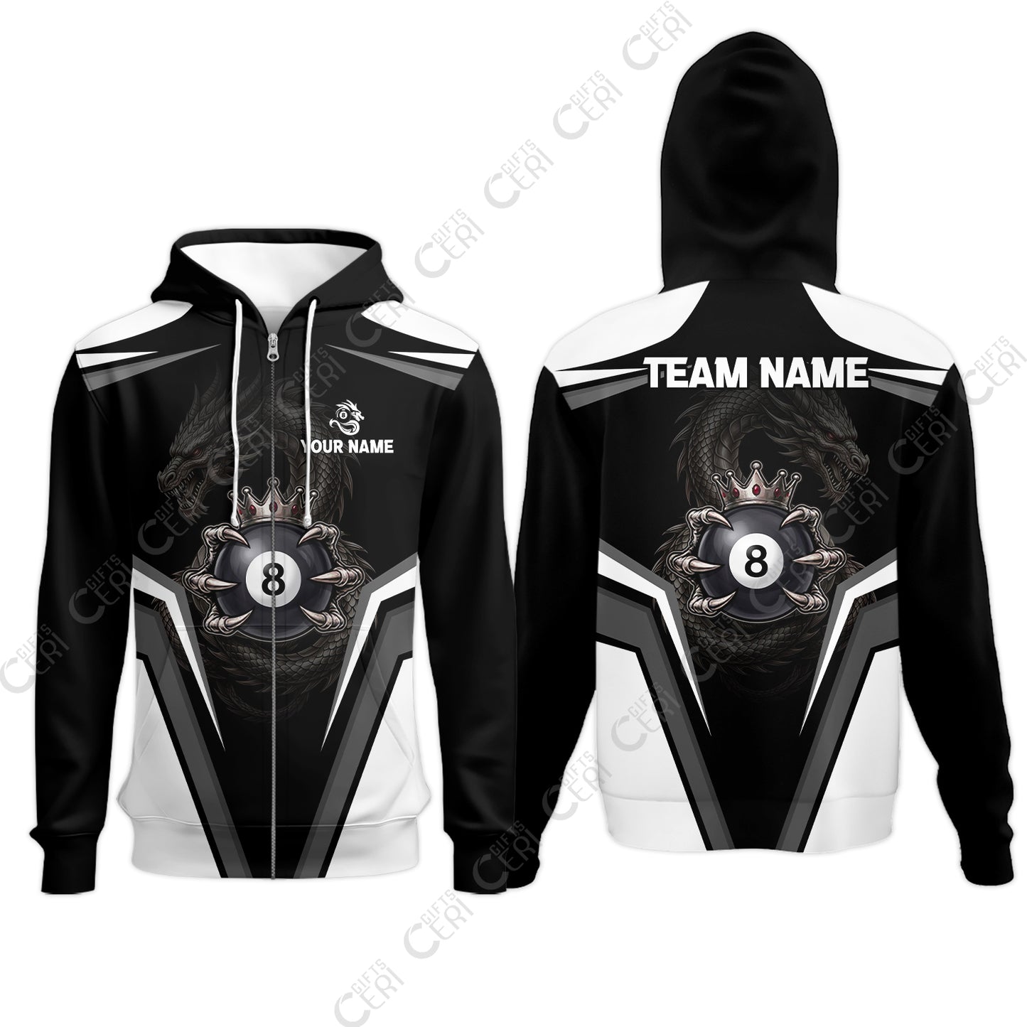 Customized 8 Ball Pool Zip Hoodies, Dragon's Holding 8-Ball, Personalized Billiards Jersey