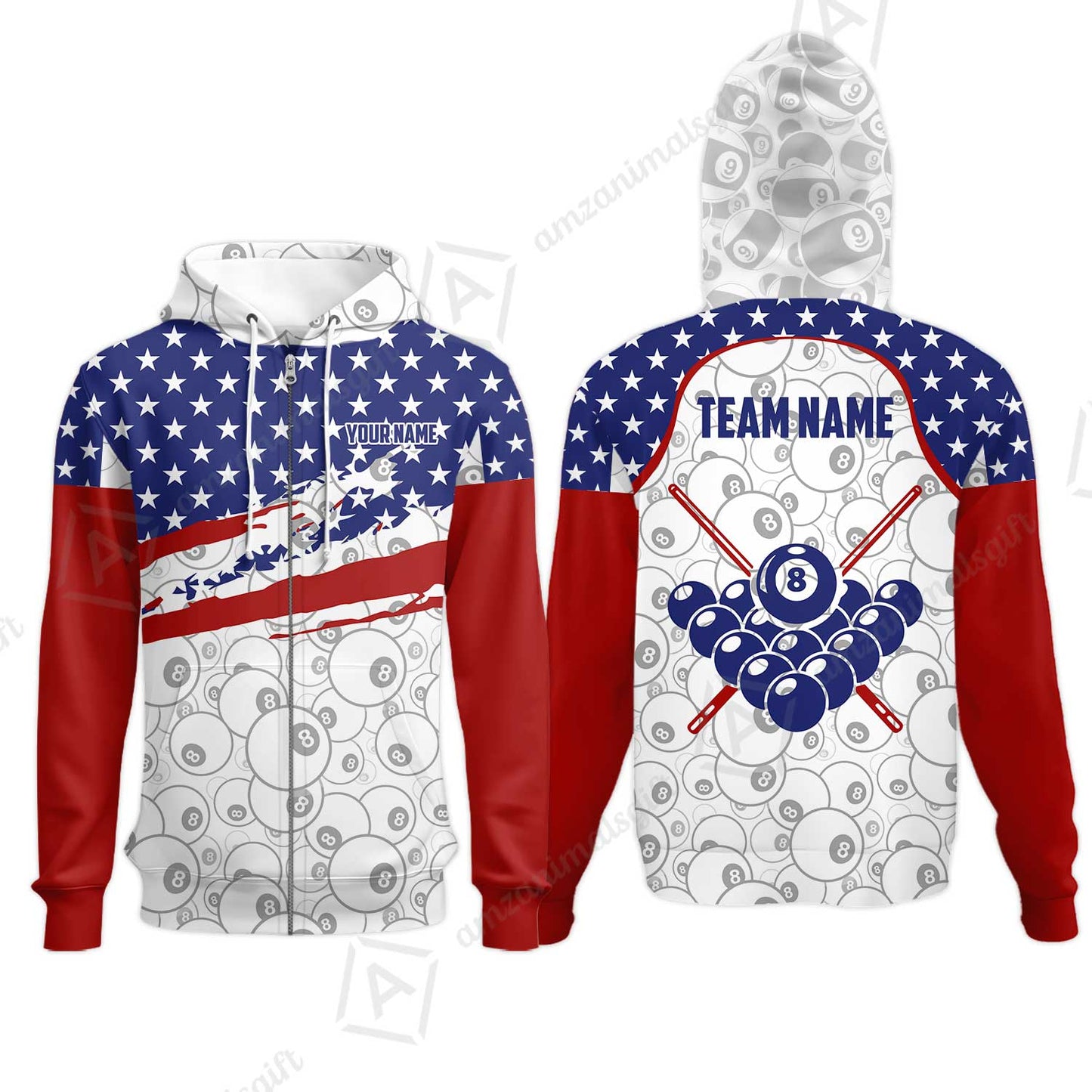 Customized 8 Ball Pool Zip Hoodies, American Star Flag Billiard 8-Ball, Personalized Billiards Jersey