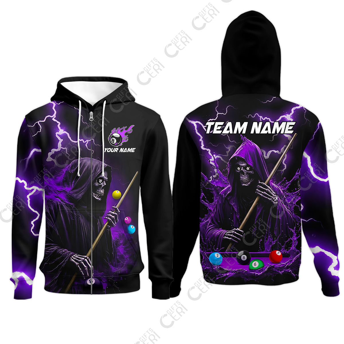 Customized 8 Ball Pool Zip Hoodies, The Death Plays Billiards 8-Ball Flame, Billiards Jerseys