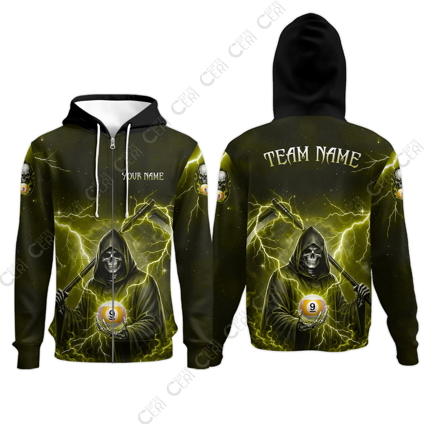 Customized 9 Ball Pool Zip Hoodies, Lightning And Flame Grim Reaper With 9 Ball, Personalized Billiards Jersey