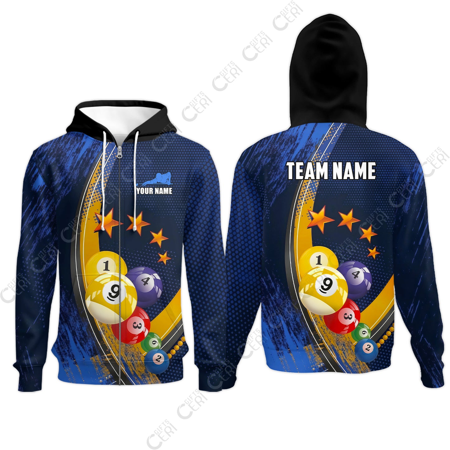 Customized 9 Ball Pool Zip Hoodies, Brush Paint Billiards 9-Ball, Personalized Billiards Jersey