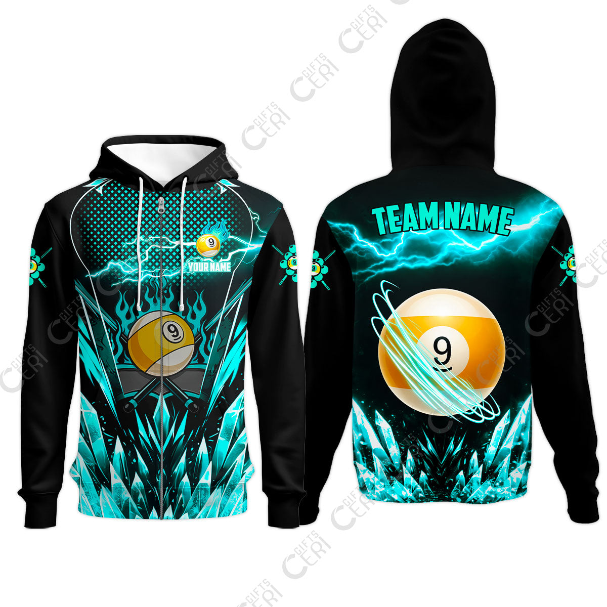 Customized 9 Ball Pool Zip Hoodies, Electric Lightning Crystal, Billiards Jerseys