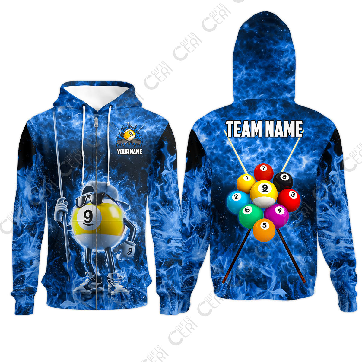 Customized 9 Ball Pool Zip Hoodies, 9-Ball Wearing Cap And Sunglasses Flaming Burn, Billiard Jerseys