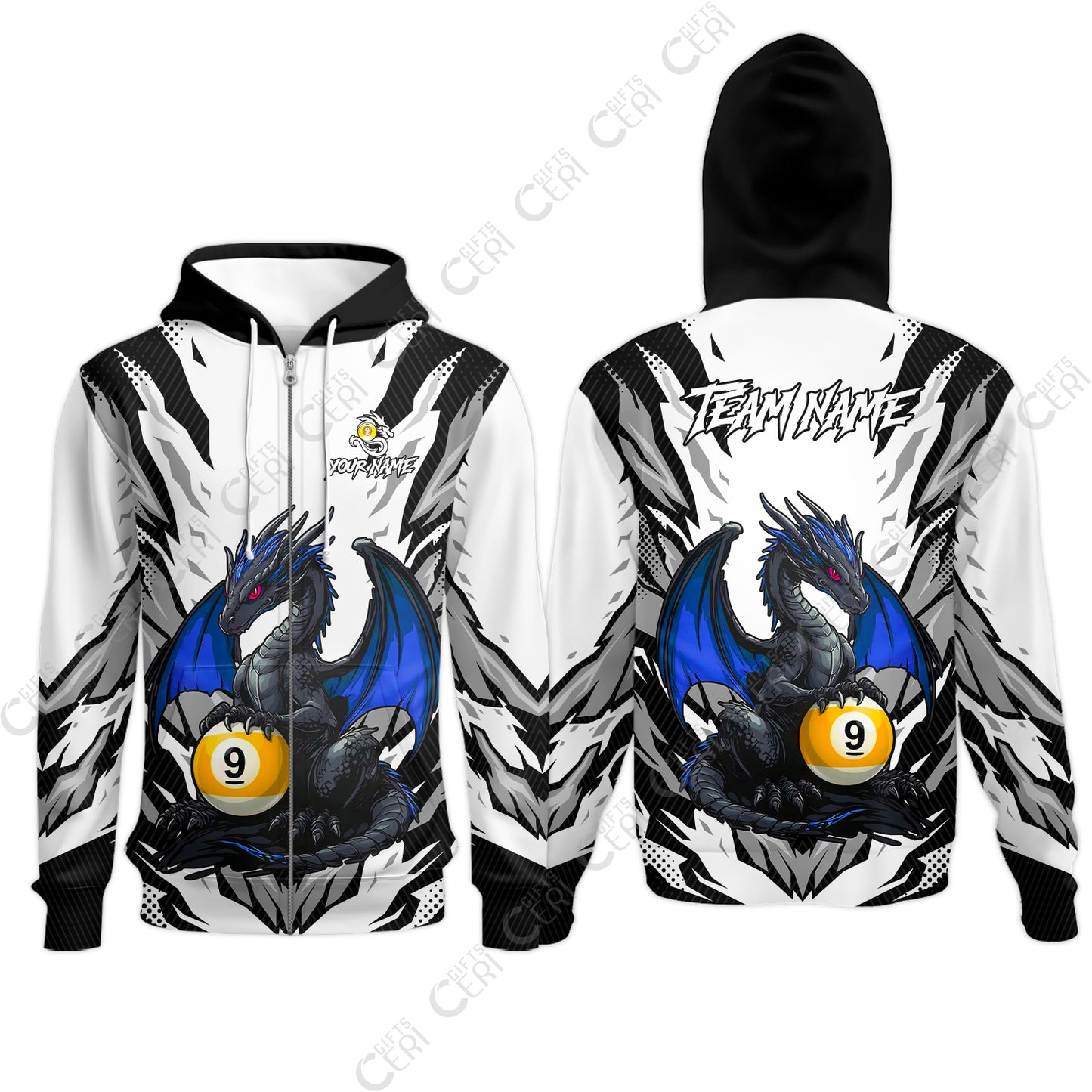 Customized Billiards Zip Hoodies, Personalized Baby Dragon 9 Ball Jersey Gift For Billiard Players
