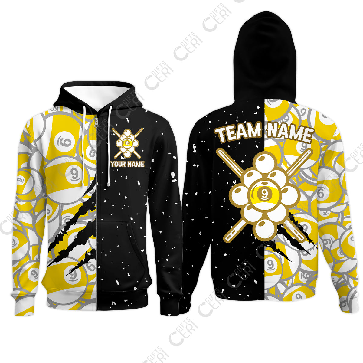 Customized Billiards Zip Hoodies, Splatter And Claw-Mark Effects 9 Ball Jersey