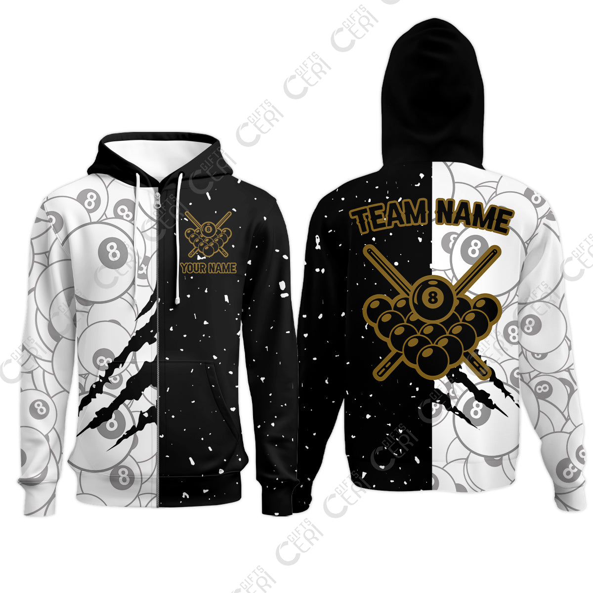 Customized Billiards Zip Hoodies, Triangle Rack Of Balls With Crossed Cue Sticks 8 Ball Pool Jersey