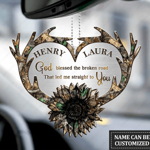 Camo Sunflower With Antler Personalized Acrylic Car Ornament, Perfect Christmas Gift For Couple
