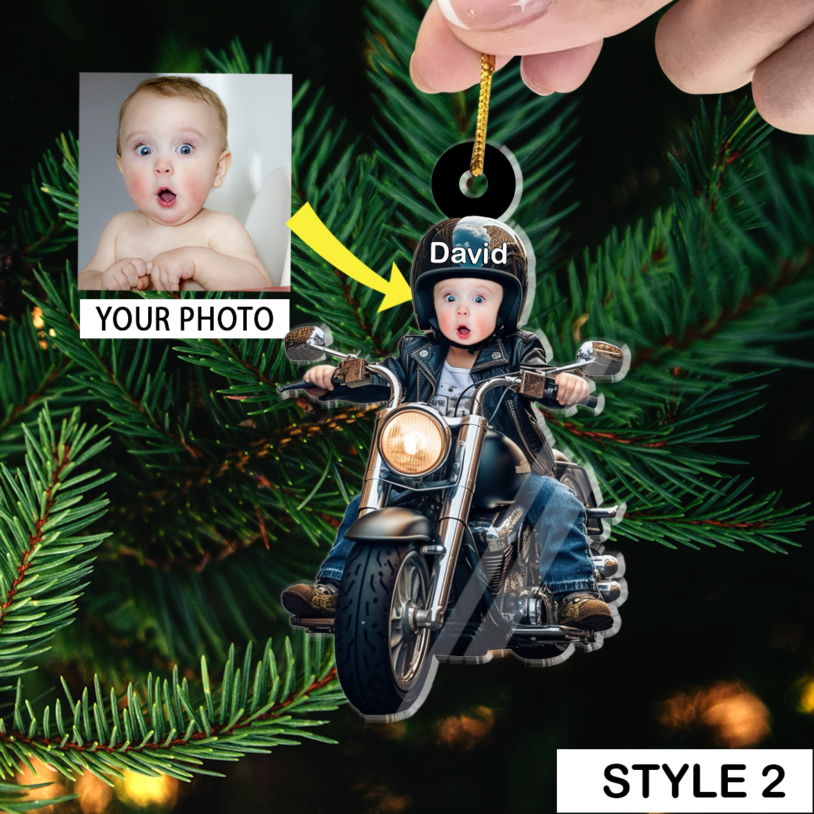 Baby Motorbike Acrylic Ornaments With Customized Name And Face, Custom Christmas Ornament Gifts For Baby, Son, Grandson
