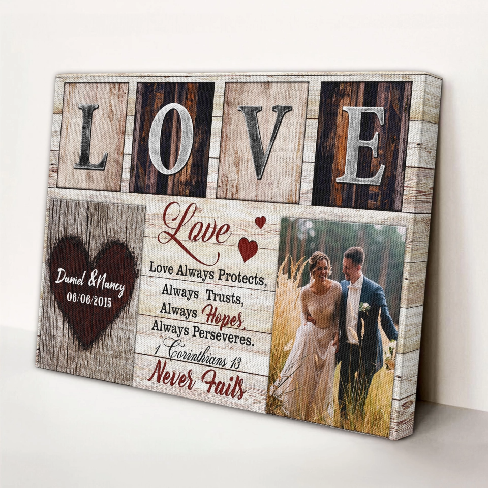 Christian Wedding Gift, Couple Gift, Personalized Wall Art Canvas Prints Custom Photo, Love Never Fails 1 Corinthians 13