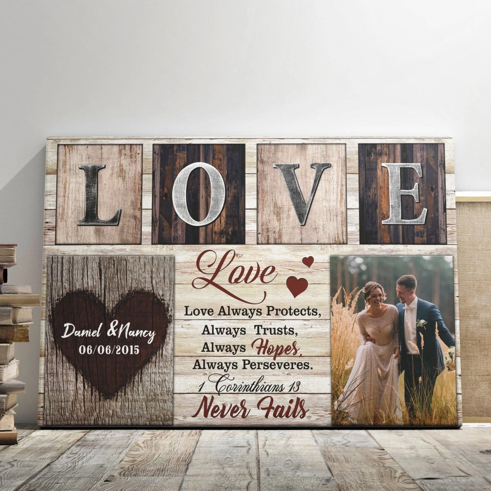 Christian Wedding Gift, Couple Gift, Personalized Wall Art Canvas Prints Custom Photo, Love Never Fails 1 Corinthians 13