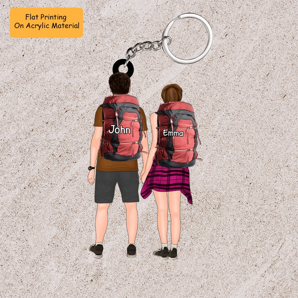 Personalized Hiking Couple Partners Hold Hands Flat Acrylic Keychain, Meaningful Gifts For Partners Soulmates Love Hiking