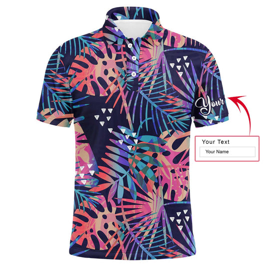 Custom Golf Men Polo Shirt - Colorful Tropical Plants And Palm Leaves Custom Name Golf Men Polo Shirt - Perfect Polo Shirt For Men, Golfers - Cerigifts