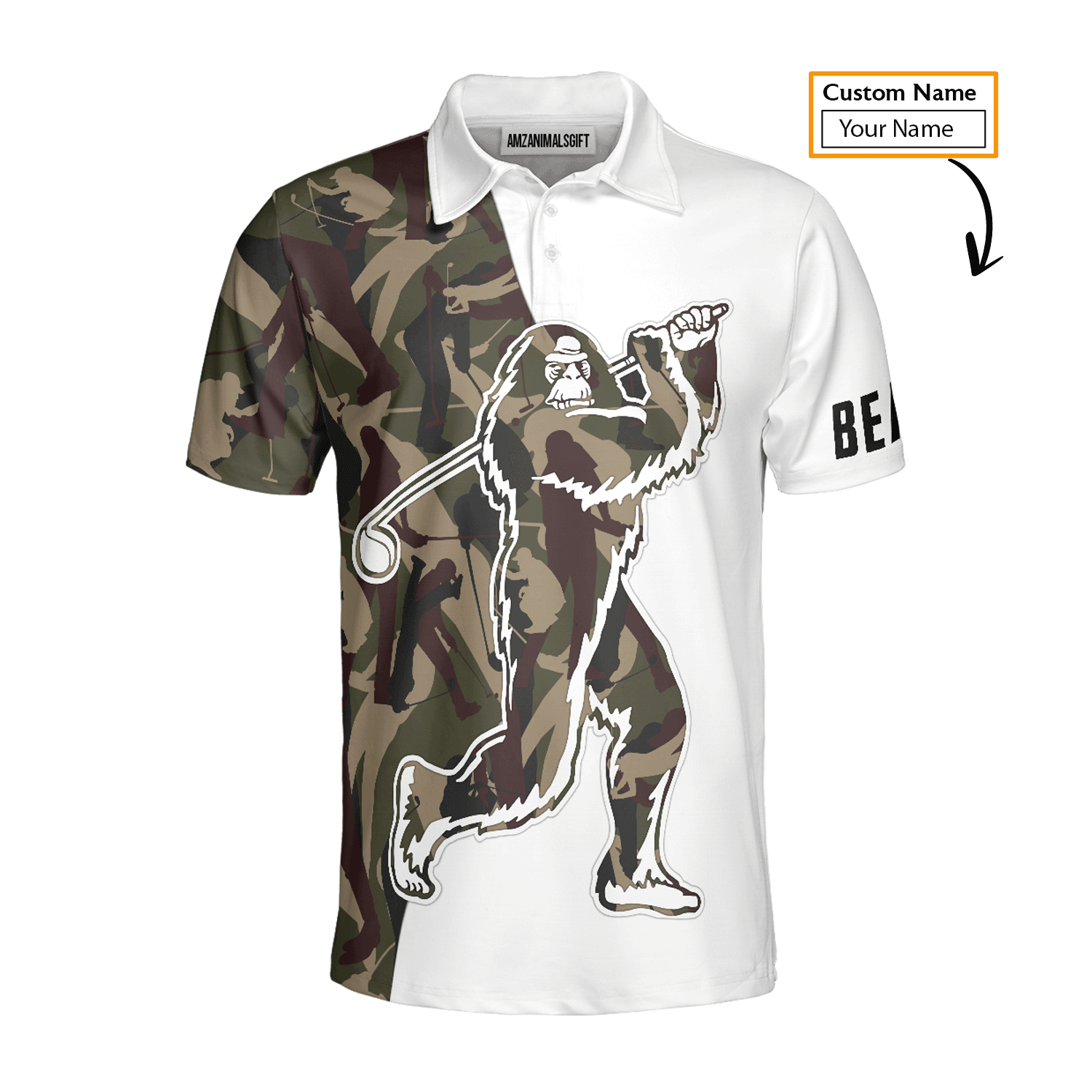 Custom Golf Men Polo Shirt - Funny Bigfoot Golf Polo Shirts, Camo Pattern Custom Name Sasquatch Playing Golf Apparel - Perfect Polo Shirt For Men - Cerigifts