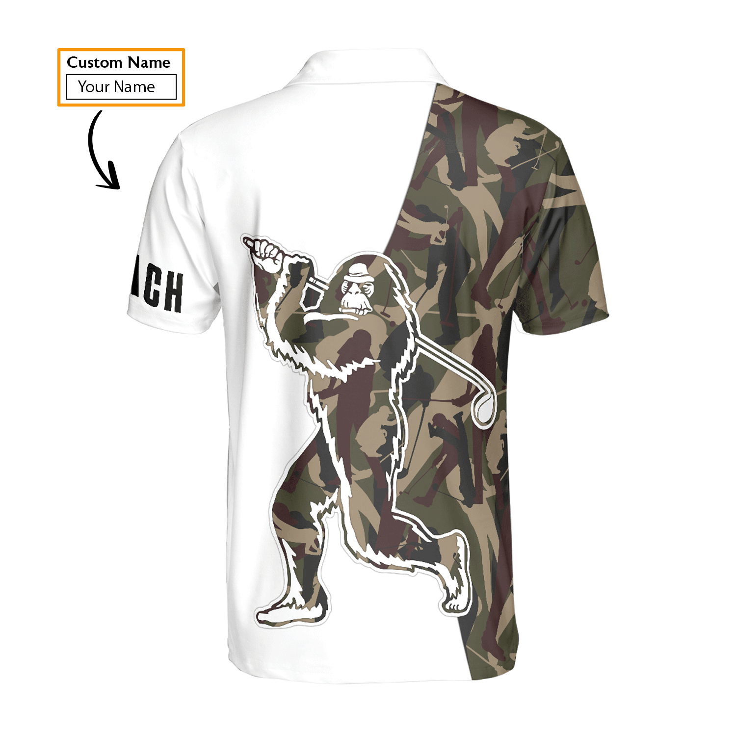 Custom Golf Men Polo Shirt - Funny Bigfoot Golf Polo Shirts, Camo Pattern Custom Name Sasquatch Playing Golf Apparel - Perfect Polo Shirt For Men - Cerigifts