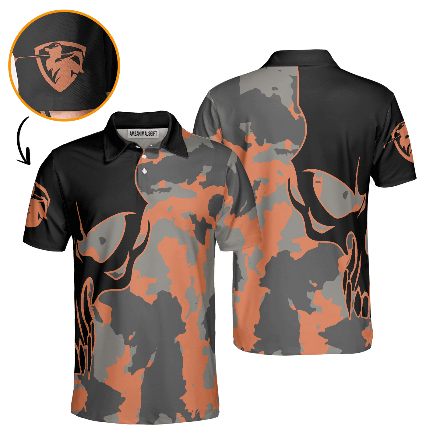 Custom Golf Men Polo Shirt - Skull Orange Camouflage Golf Polo Shirt, Streetwear Camo Golf Shirt For Men, Best Polo Shirt For Men, Golfers - Cerigifts