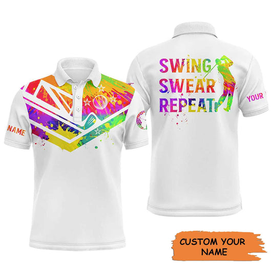 Custom Golf Men Polo Shirt - Watercolor New Zealand Flag Custom Name White Apparel, Swing Swear Repeat Men Polo Shirt - Perfect Polo Shirt For Men