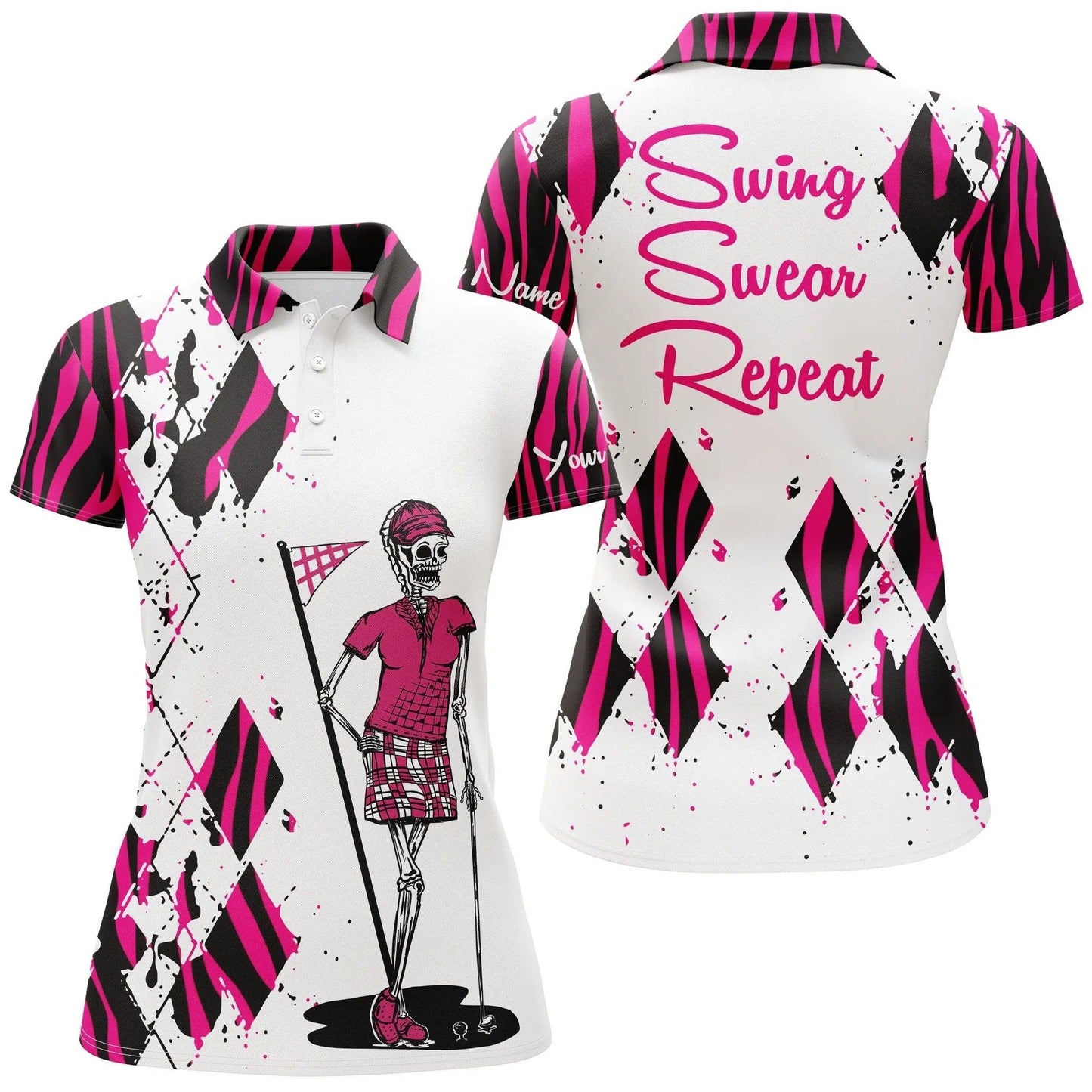 Custom Golf Womens Polo Shirt - Women Golf Polo Shirts Custom Funny Ladies Golf Skull Pink Zebra Pattern Golf Shirt - Perfect Polo Shirt For Womens - Cerigifts