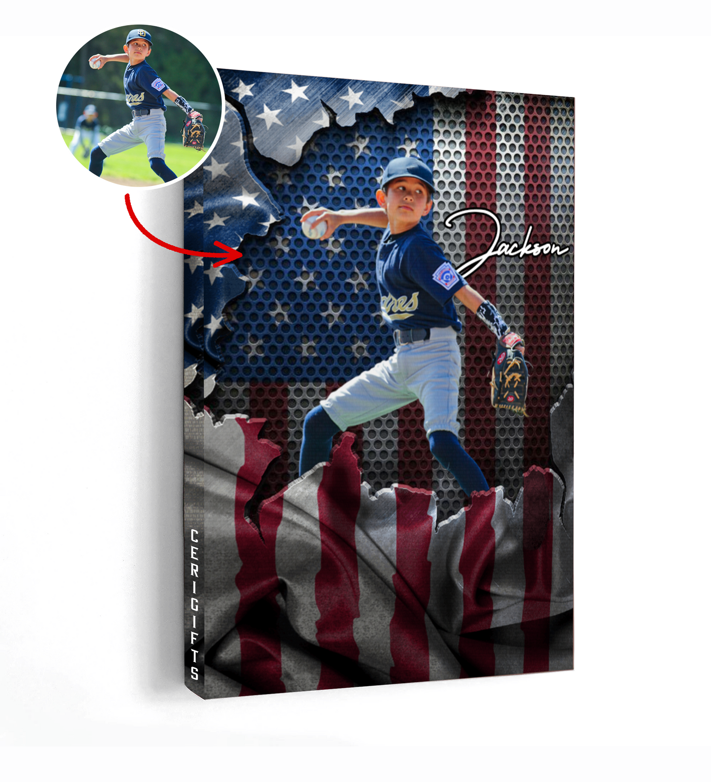 Custom Name And Photo To Son, Grandson Play Baseball Canvas Print, Boys Baseball With USA Flags Wall Art Gift From Mom, Dad, Grandma, Grandpa