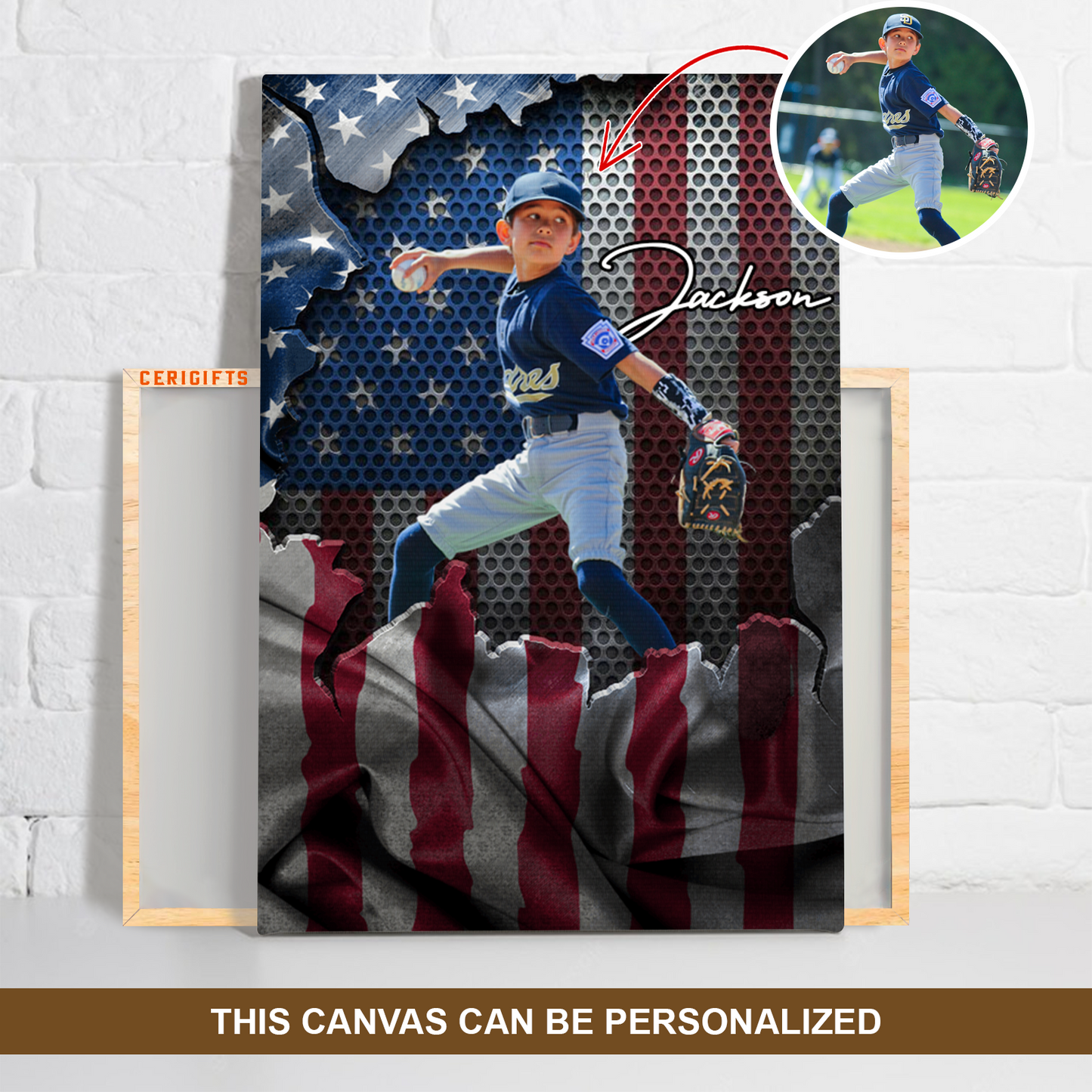 Custom Name And Photo To Son, Grandson Play Baseball Canvas Print, Boys Baseball With USA Flags Wall Art Gift From Mom, Dad, Grandma, Grandpa