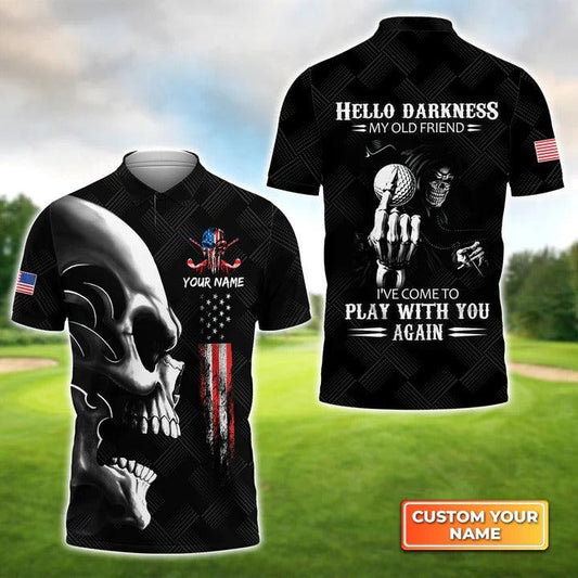 Customized Golf Men Polo Shirts, Skull Golf American Flag Hello Darkness, Personalized Name Golf Polo Shirt For Men - Best Gift For Golf Lovers, Golfers - Cerigifts