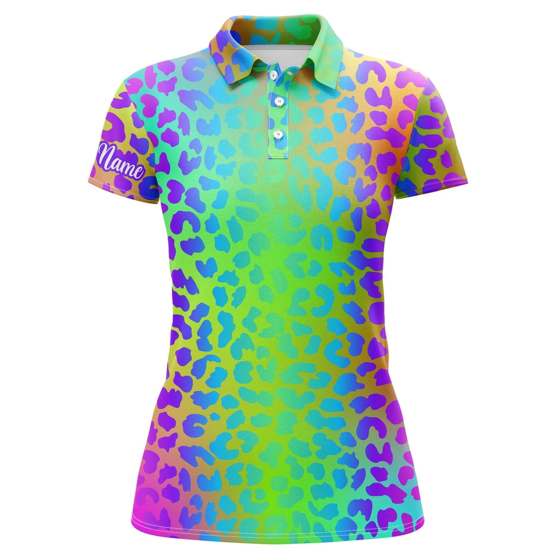 Customized Name Golf Women Polo Shirts, Neon Rainbow Leopard Print Personalized Ladies Pattern Golf Shirts - Perfect Gift For Golfers, Golf Lovers - Cerigifts