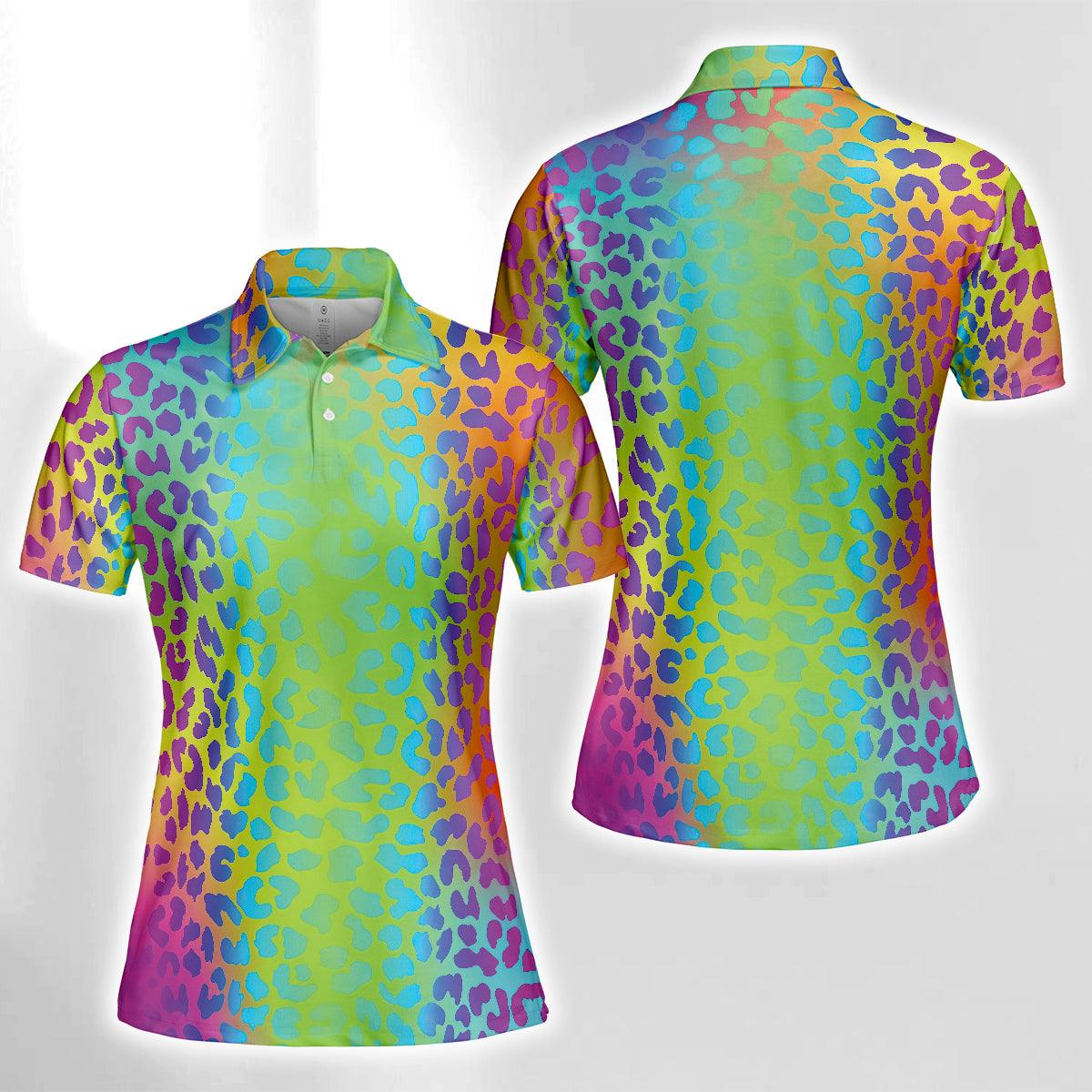 Customized Name Golf Women Polo Shirts, Neon Rainbow Leopard Print Personalized Ladies Pattern Golf Shirts - Perfect Gift For Golfers, Golf Lovers - Cerigifts