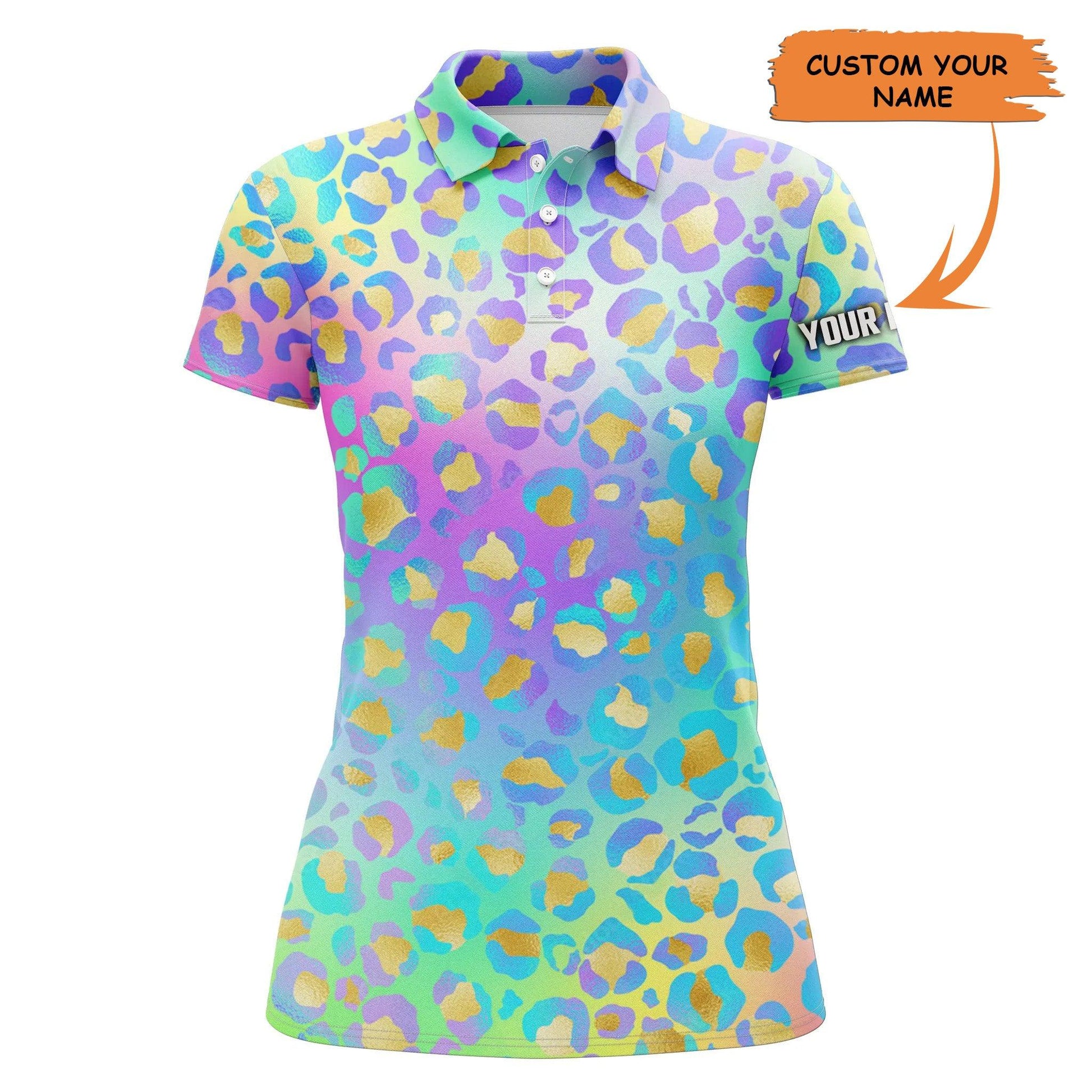 Customized Name Golf Women Polo Shirts, Personalized Neon Rainbow Leopard Pattern Polo Shirts - Perfect Gift For Ladies, Golf Lovers, Golfers - Cerigifts