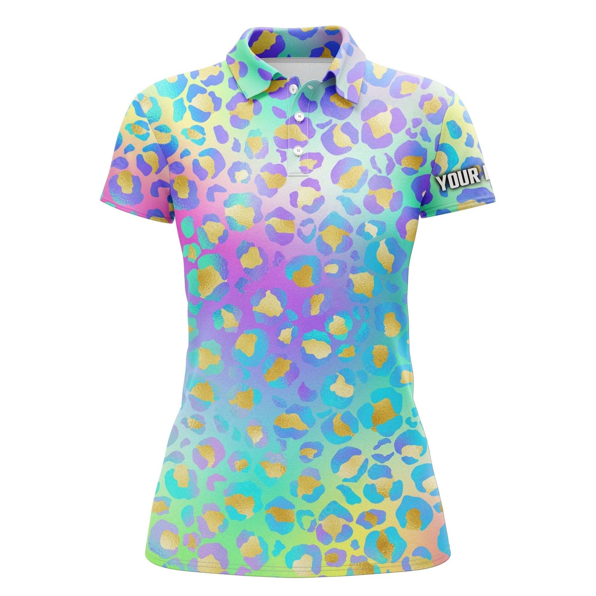 Customized Name Golf Women Polo Shirts, Personalized Neon Rainbow Leopard Pattern Polo Shirts - Perfect Gift For Ladies, Golf Lovers, Golfers - Cerigifts