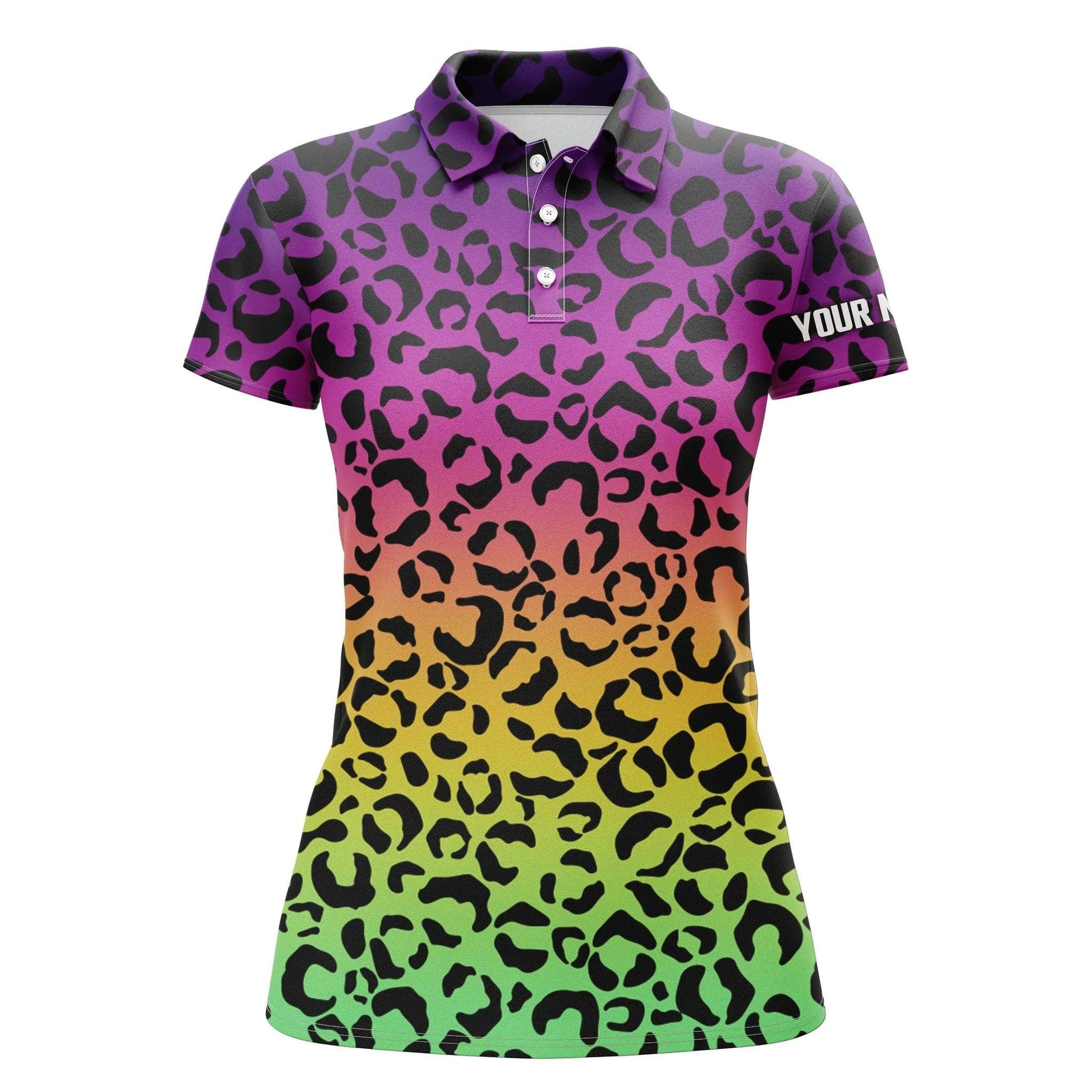 Customized Name Golf Women Polo Shirts, Personalized Neon Rainbow Leopard Pattern Polo Shirts - Perfect Gift For Ladies, Golf Lovers, Golfers - Cerigifts