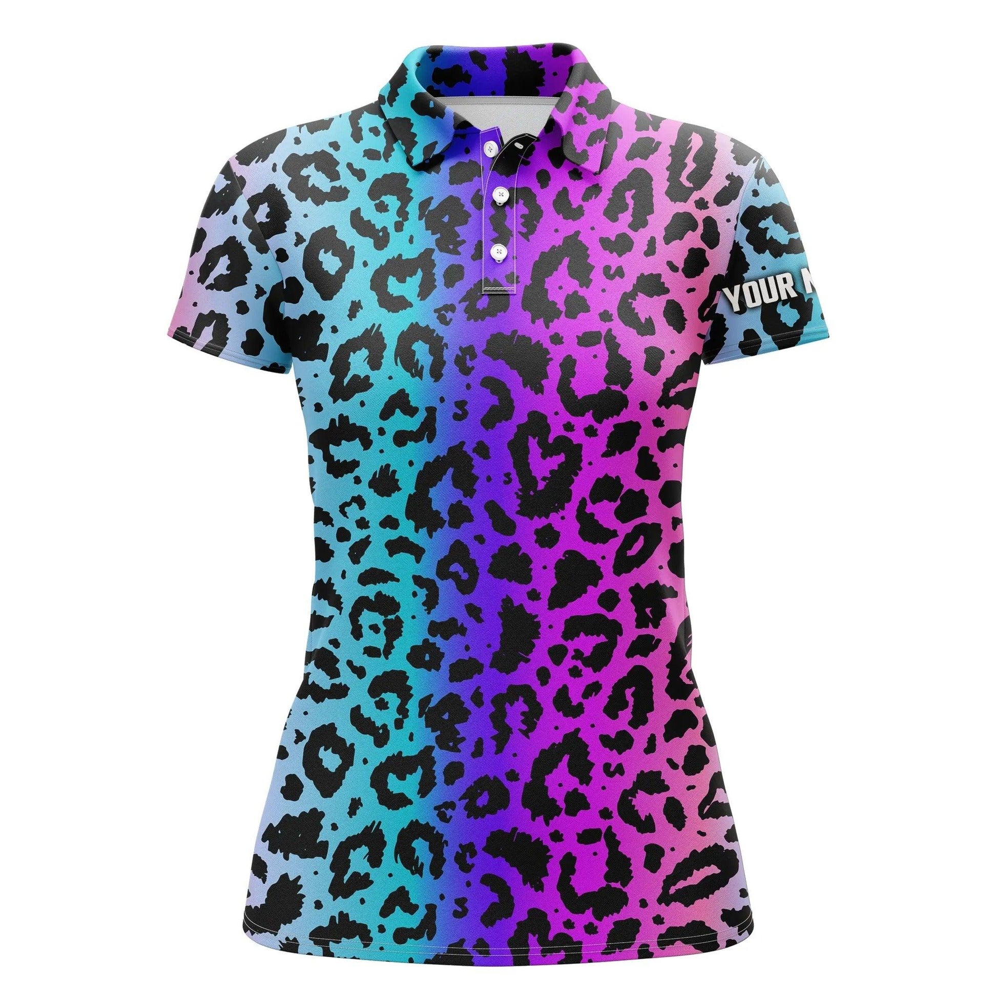 Customized Name Golf Women Polo Shirts, Personalized Neon Rainbow Leopard Pattern Polo Shirts - Perfect Gift For Ladies, Golf Lovers, Golfers - Cerigifts