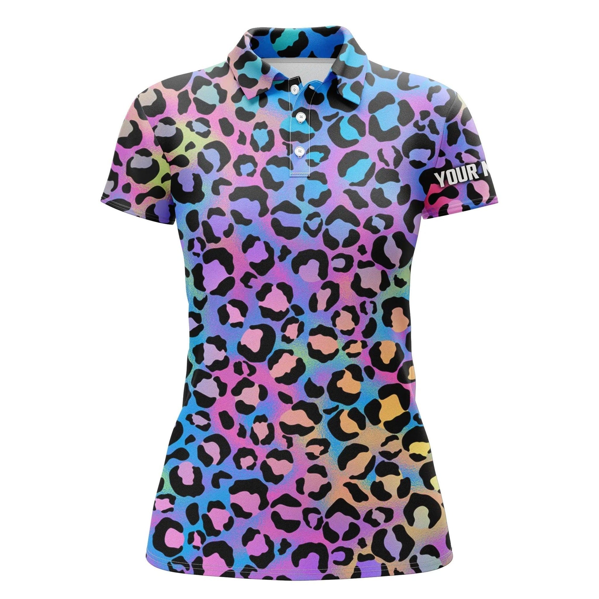 Customized Name Golf Women Polo Shirts, Personalized Neon Rainbow Leopard Pattern Polo Shirts - Perfect Gift For Ladies, Golf Lovers, Golfers - Cerigifts