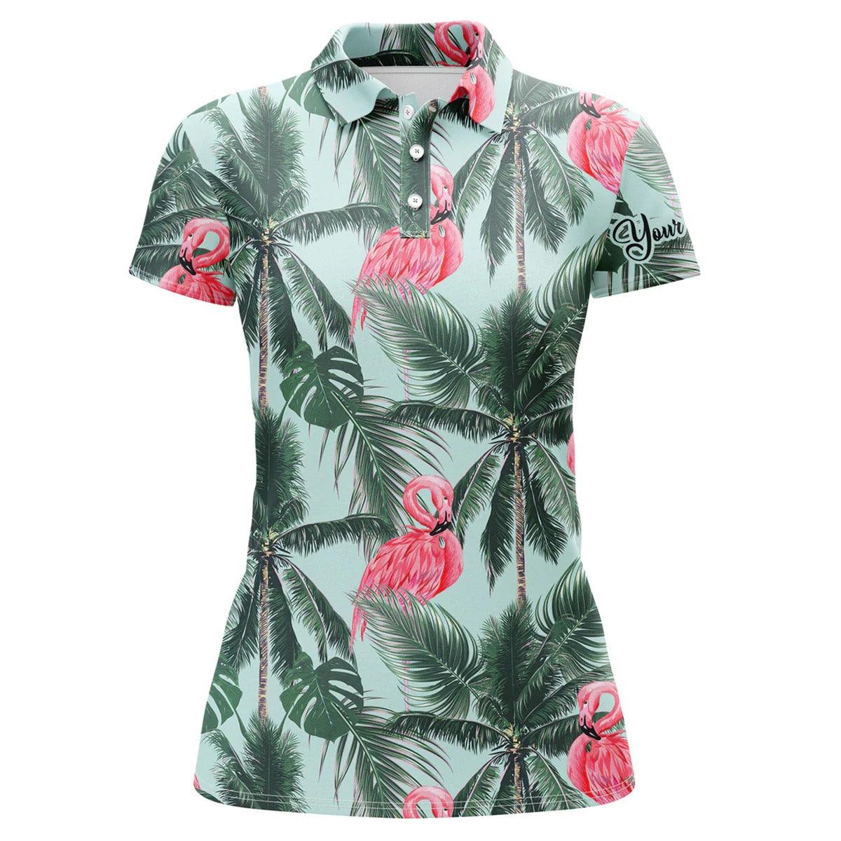 Customized Name Golf Women Polo Shirts, Personalized Pink Flamingos Tropical Palm Leaves Golf Polo Shirts - Perfect Gift For Golfers, Golf Lovers - Cerigifts