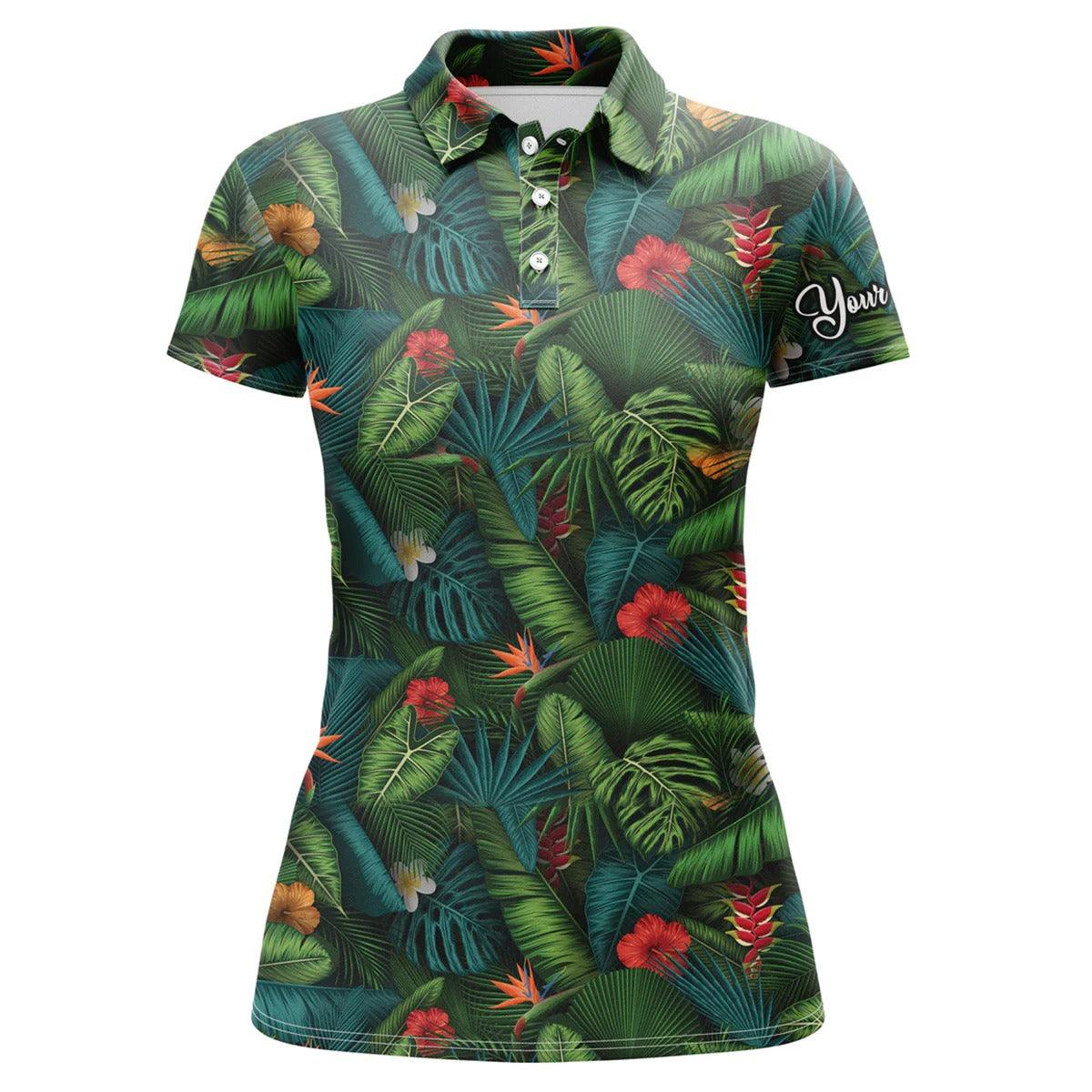 Customized Name Golf Women Polo Shirts, Personalized Tropical Summer Leaves Background Golf Polo Shirts - Perfect Gift For Golfers, Golf Lovers - Cerigifts