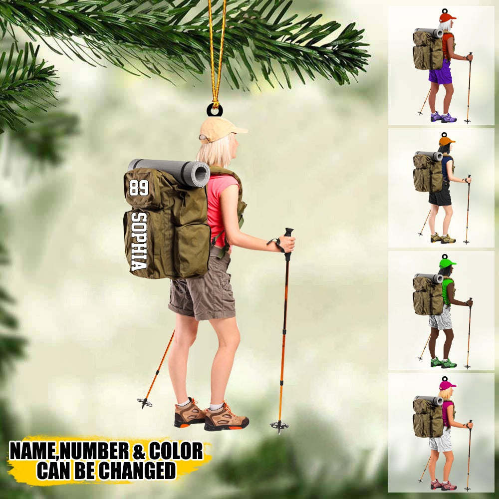 Personalized Hiking, Climbing, Camping Girl Acrylic Ornament, Custom Ornament Gift For Hiking Lovers