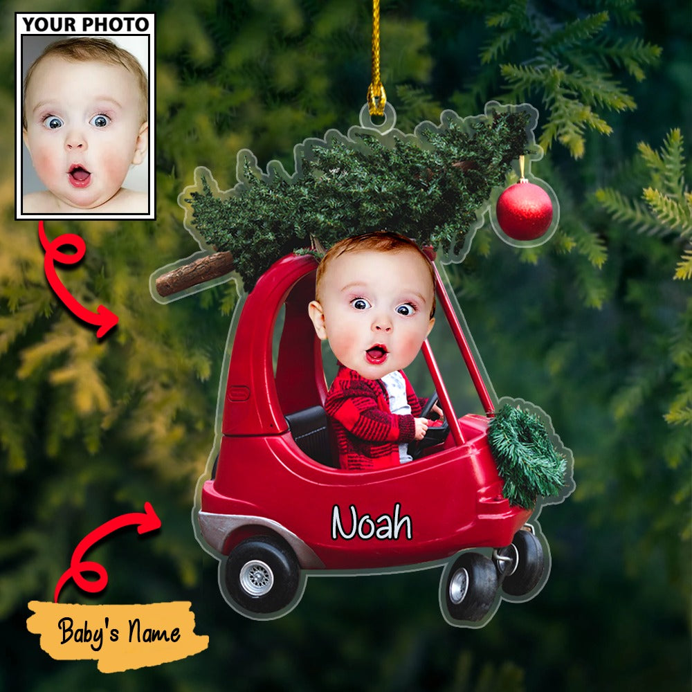 Custom Photo Baby’s First Christmas Santa Claus In Car Acrylic Ornament, 1st Christmas Gift For Family, Baby